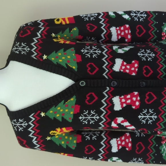 Absolutely Famous Button Up Acrylic Cardigan Christmas Sweater MEDIUM Black Red - Picture 7 of 16